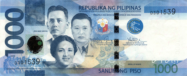 One Thousand Pesos - New Philippines paper money - 1000 Peso bill - Front of note