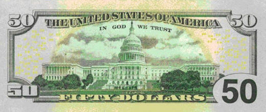 photo of back of new fifty dollar bill American money bank note US dollar 