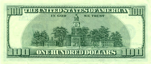 photo of back of new one hundred dollar bill American money bank note US dollar 