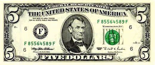picture of five dollar bill US dollar American money bank note