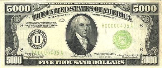 Front of Five Thousand US Dollars, Five Thousand Dollar Bill $5,000.00 Front
