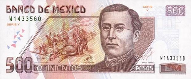 Five Hundred Pesos - Mexican banknote - 500 Peso bill Front of note