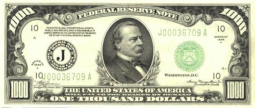 Front of One Thousand US Dollars, One Thousand Dollar Bill $1,000.00 Front